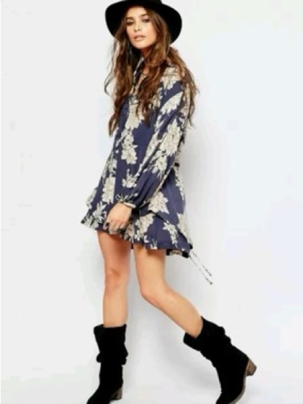 Free People Navy Blue Floral Long-Sleeve Mini Dress